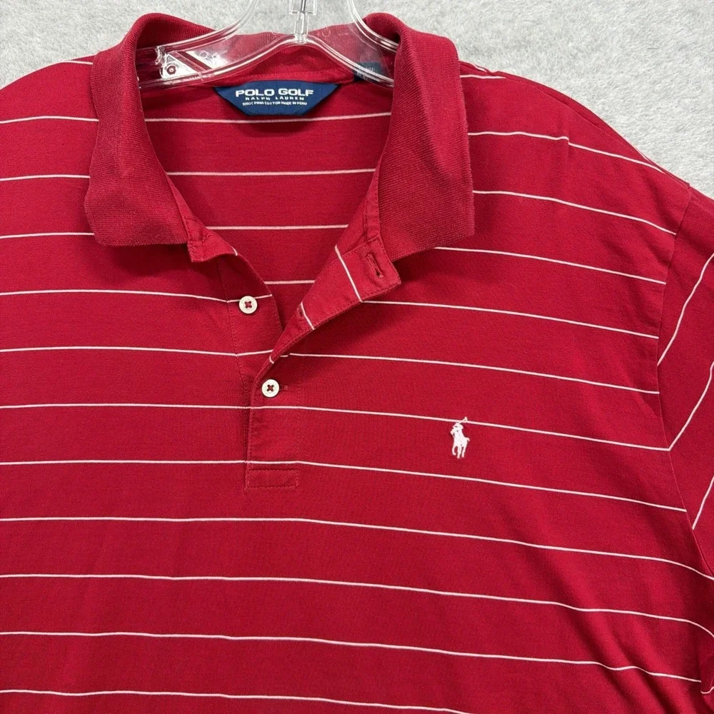 Vintage Polo Golf Ralph Lauren Shirt Mens XL Red White Striped Pima Cotton‎ Logo